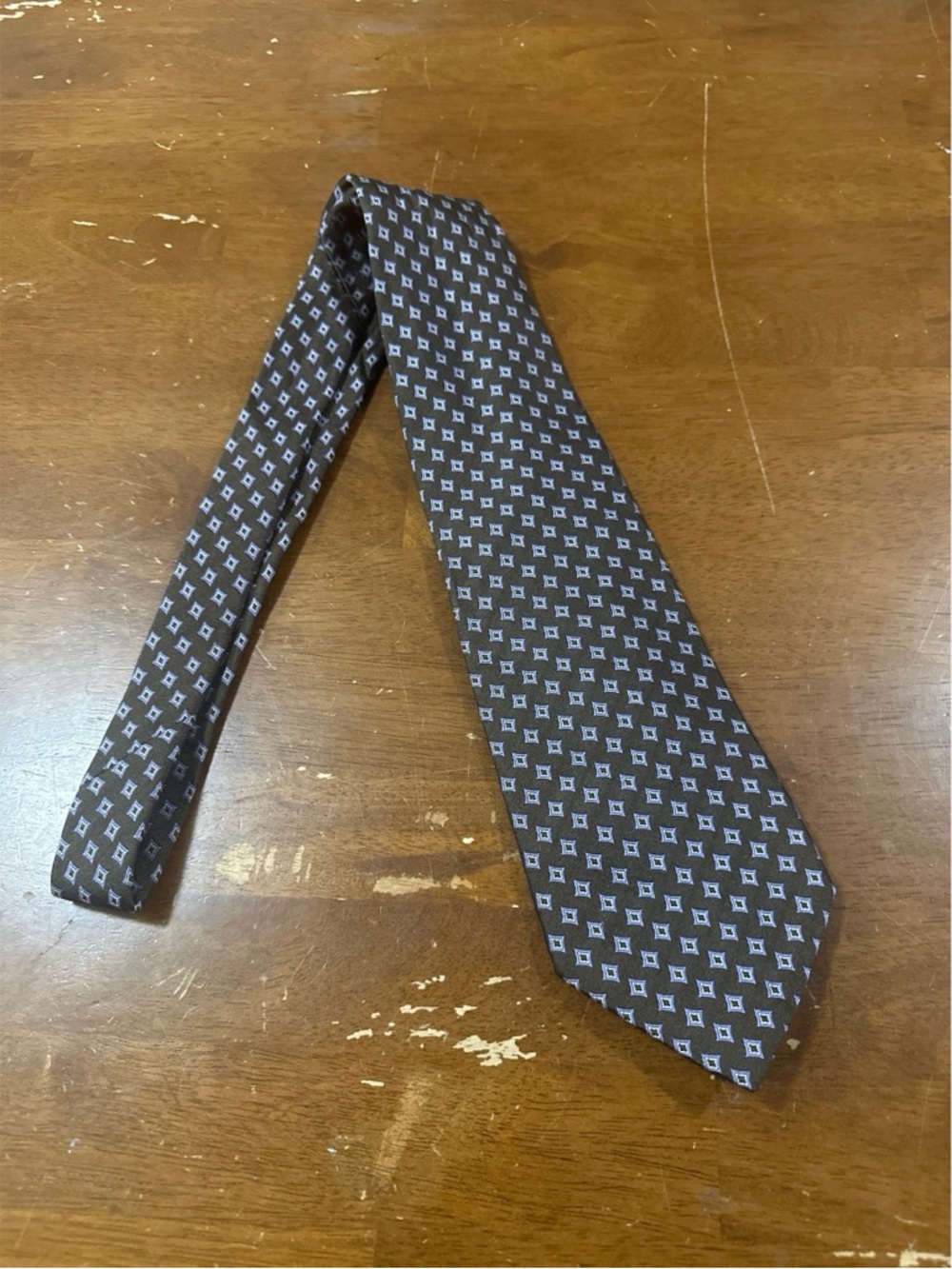Polo Ralph Lauren Men's Dark Brown Geometric Silk Tie with Light Blue Motif